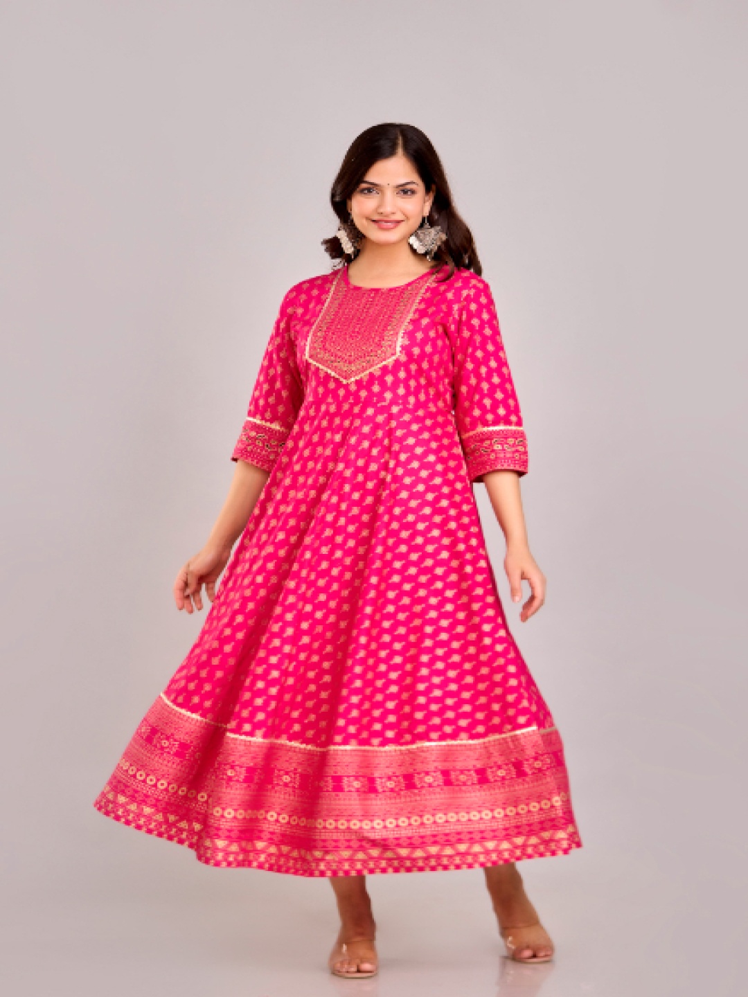 

BAIRAJ Ethnic Motifs Printed Round Neck A-Line Kurta, Pink