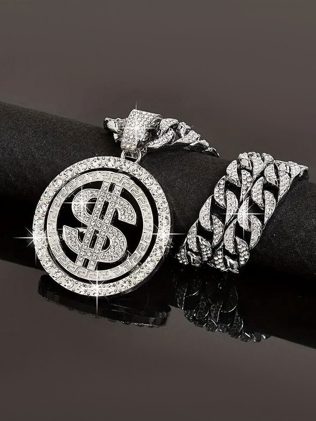 

FIMBUL Men Sterling Silver-Plated CZ-Studded Cuban Bling Dollar Pendant With Chain