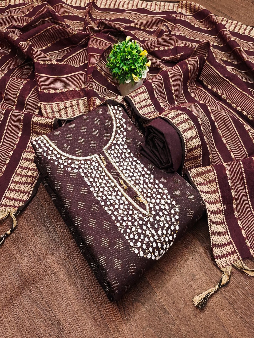 

A TO Z CART Geometric Woven Design Thread Work Unstitched Dress Material, Maroon