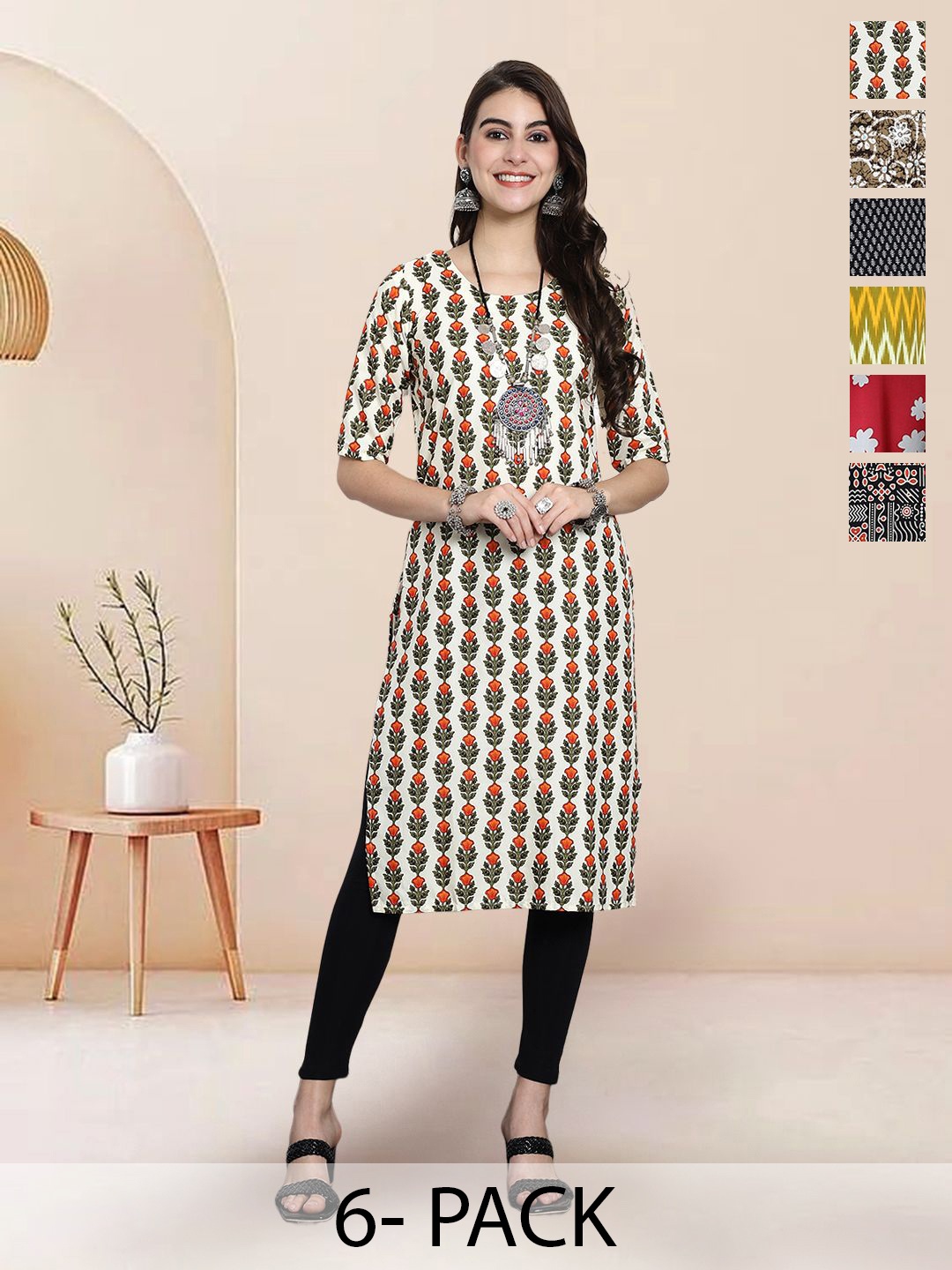 

7Threads Selection of 6 Floral Printed Round Neck Straight Kurtas, Cream