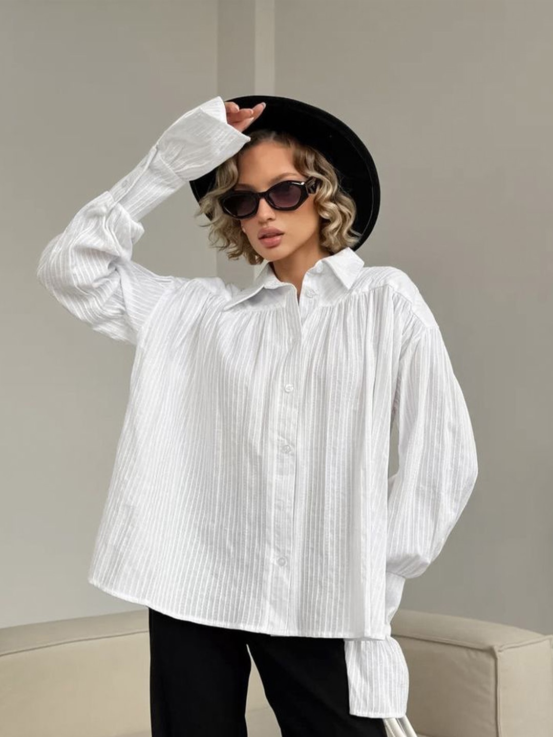 

LULU & SKY Striped Bell Sleeve Cotton Shirt Style Top, White