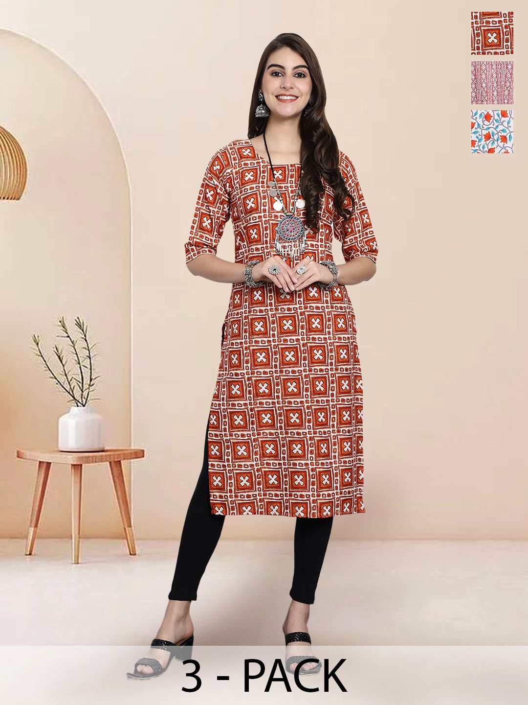 

7Threads Selection of 3 Geometric Printed Round Neck Straight Kurtas, Rust