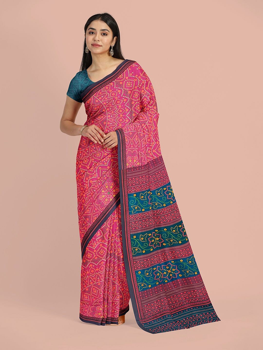 

Avyay Creation Bandhani Printed Silk Crepe Saree, Pink