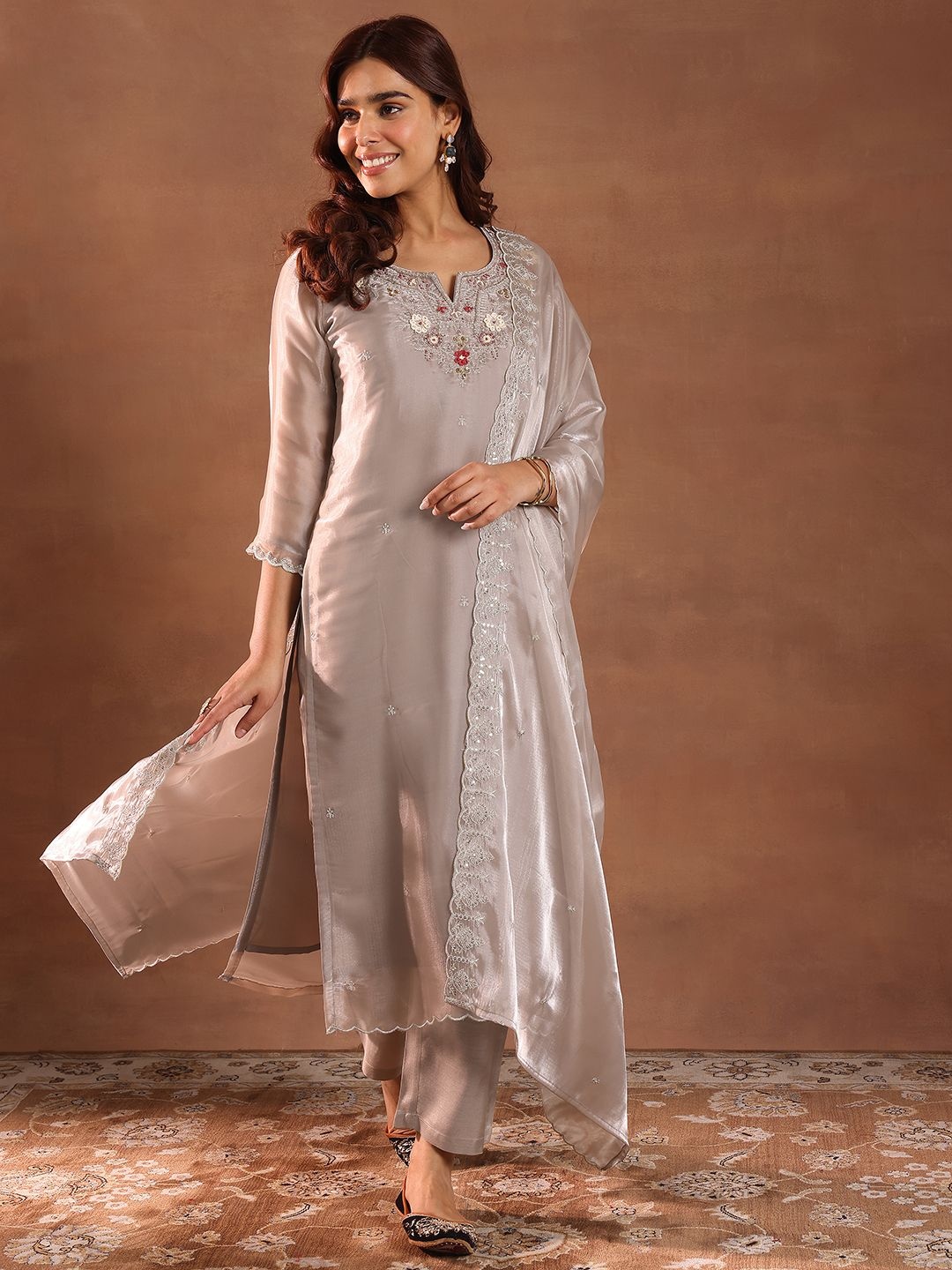 

Libas Floral Yoke Design Beads and Stones Tissue Straight Kurta with Trousers & Dupatta, Taupe