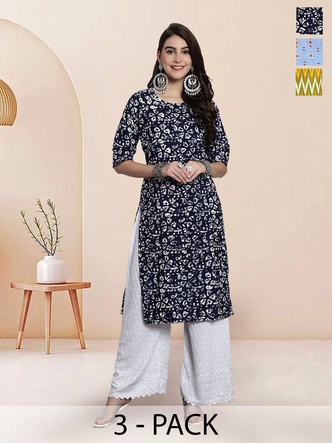

7Threads Selection Of 3 Floral Printed Round Neck Straight Kurtas, Black