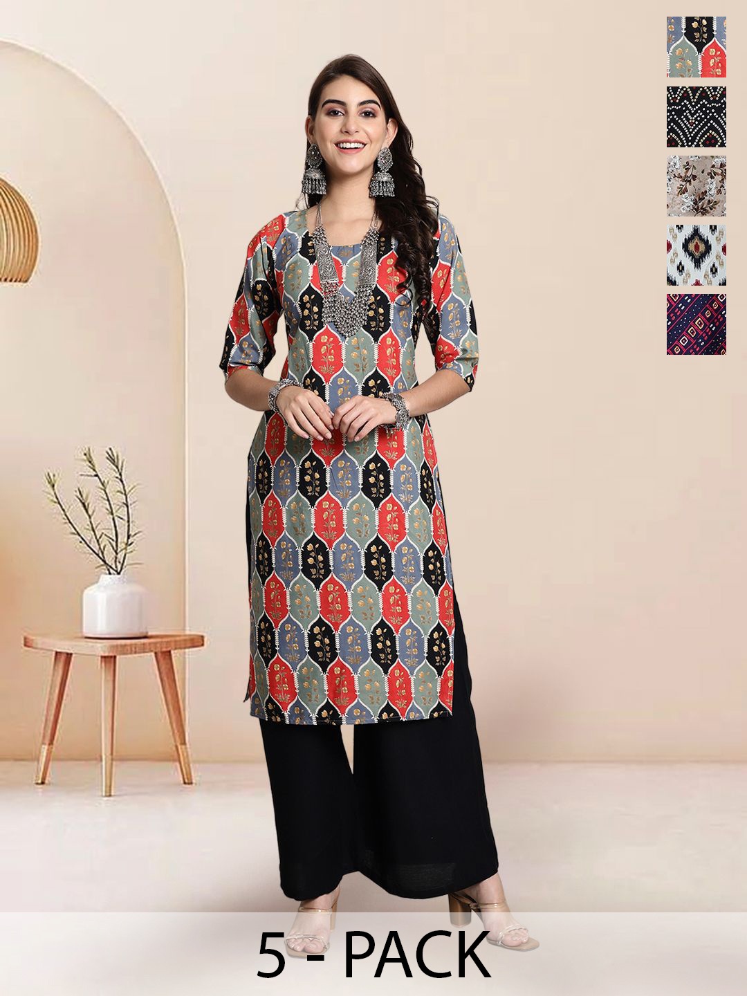 

7Threads Selection Of 5 Floral Printed Round Neck Straight Kurtas, Black