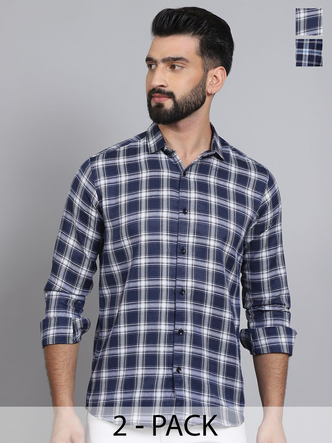 

Tanip Men Pack Of 2 Spread Collar Tartan Checked Cotton Casual Shirts, Blue