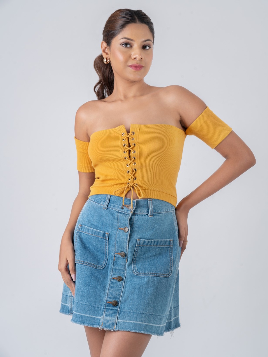 

Fashioncons Bardot Crop Top, Mustard