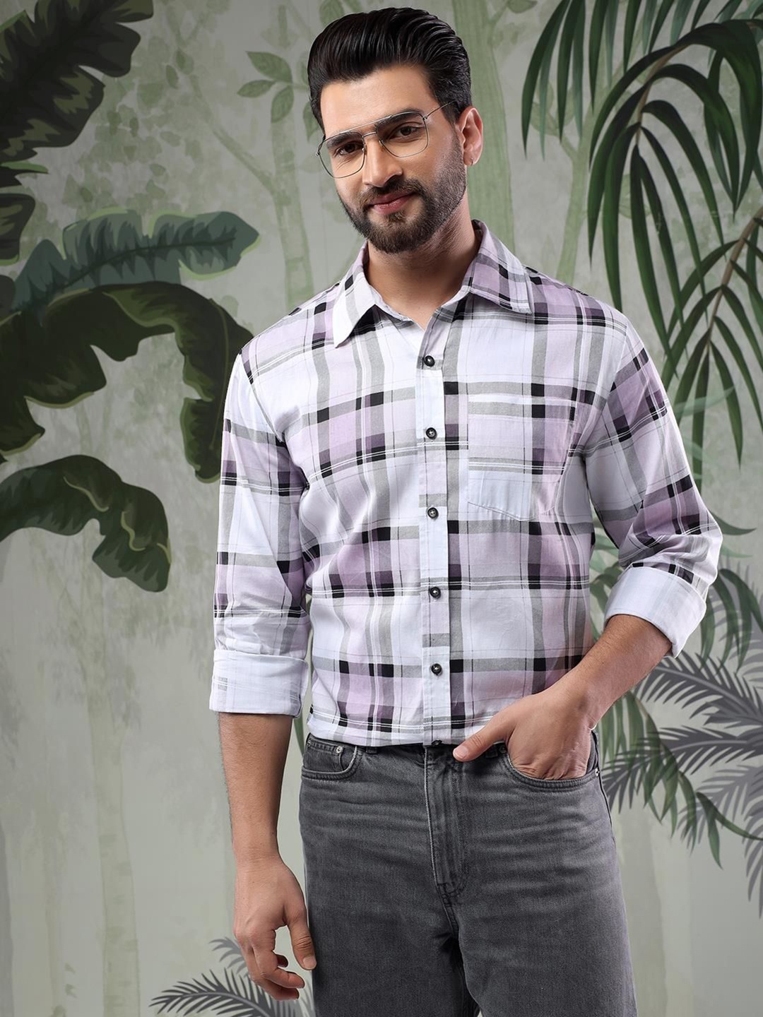 

Kotty Men Spread Collar Tartan Checked Casual Shirt, Off white