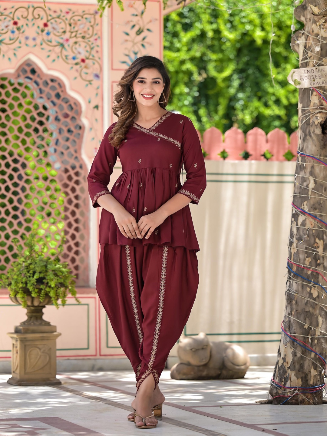 

KASHISHIYA Women Floral Printed Angrakha Kurti with Dhoti Pants, Maroon
