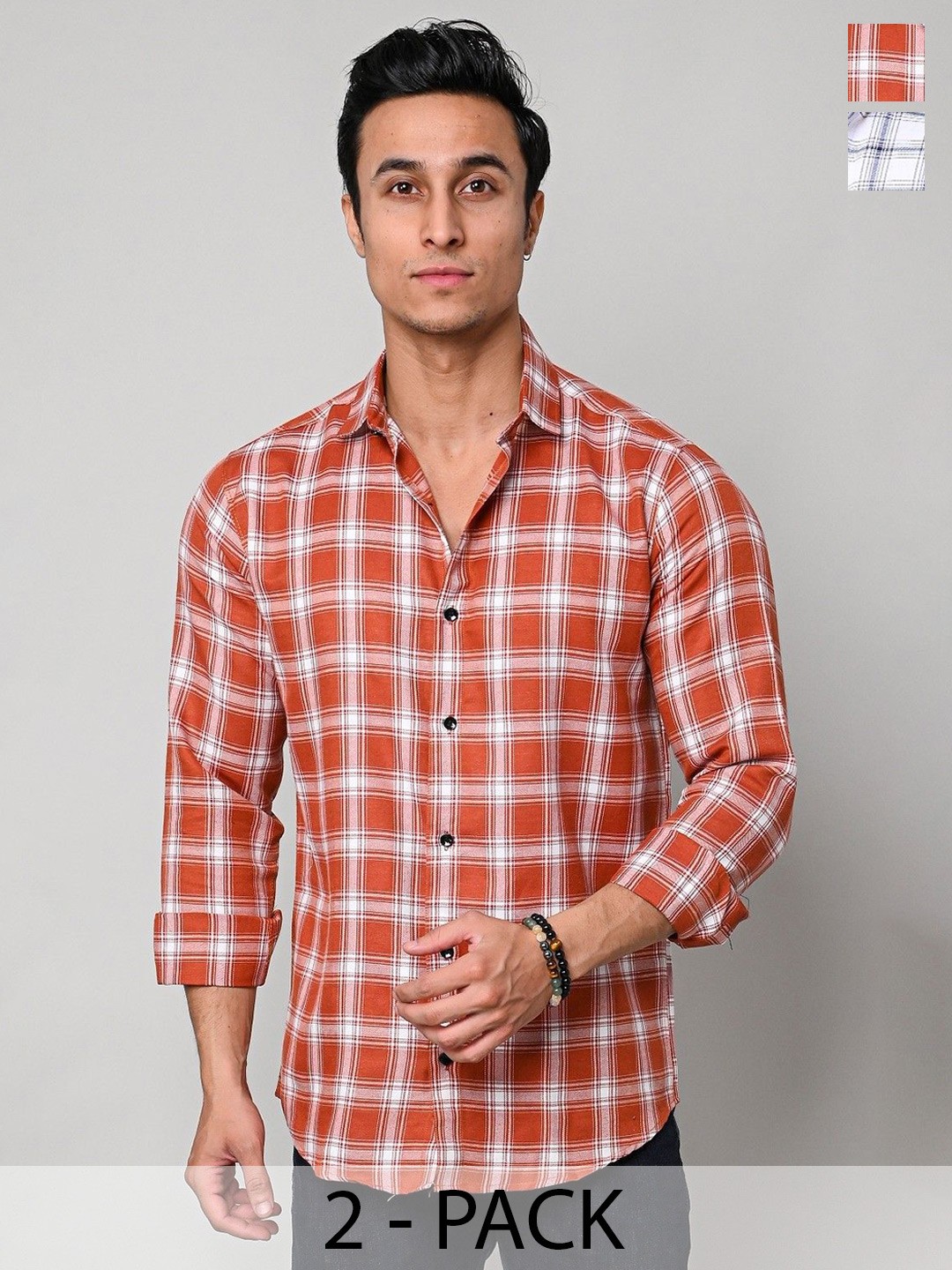 

Tanip Men Pack Of 2 Spread Collar Tartan Checked Cotton Casual Shirts, Orange