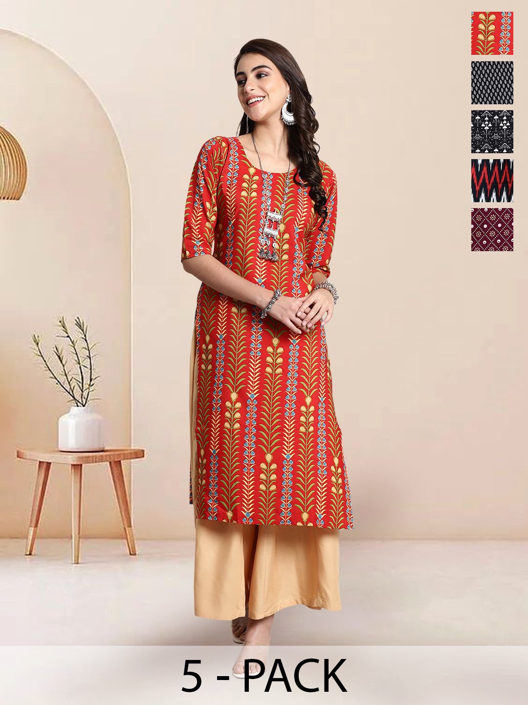 

7Threads Selection of 5 Ethnic Motifs Printed Round-neck Crepe Kurta, Orange