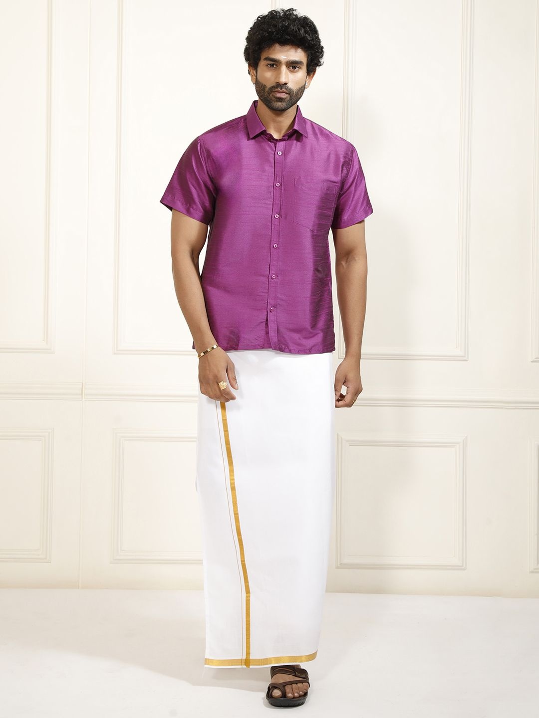 

VASTRAMAY Shirt Collar Shirt With Veshti, Purple