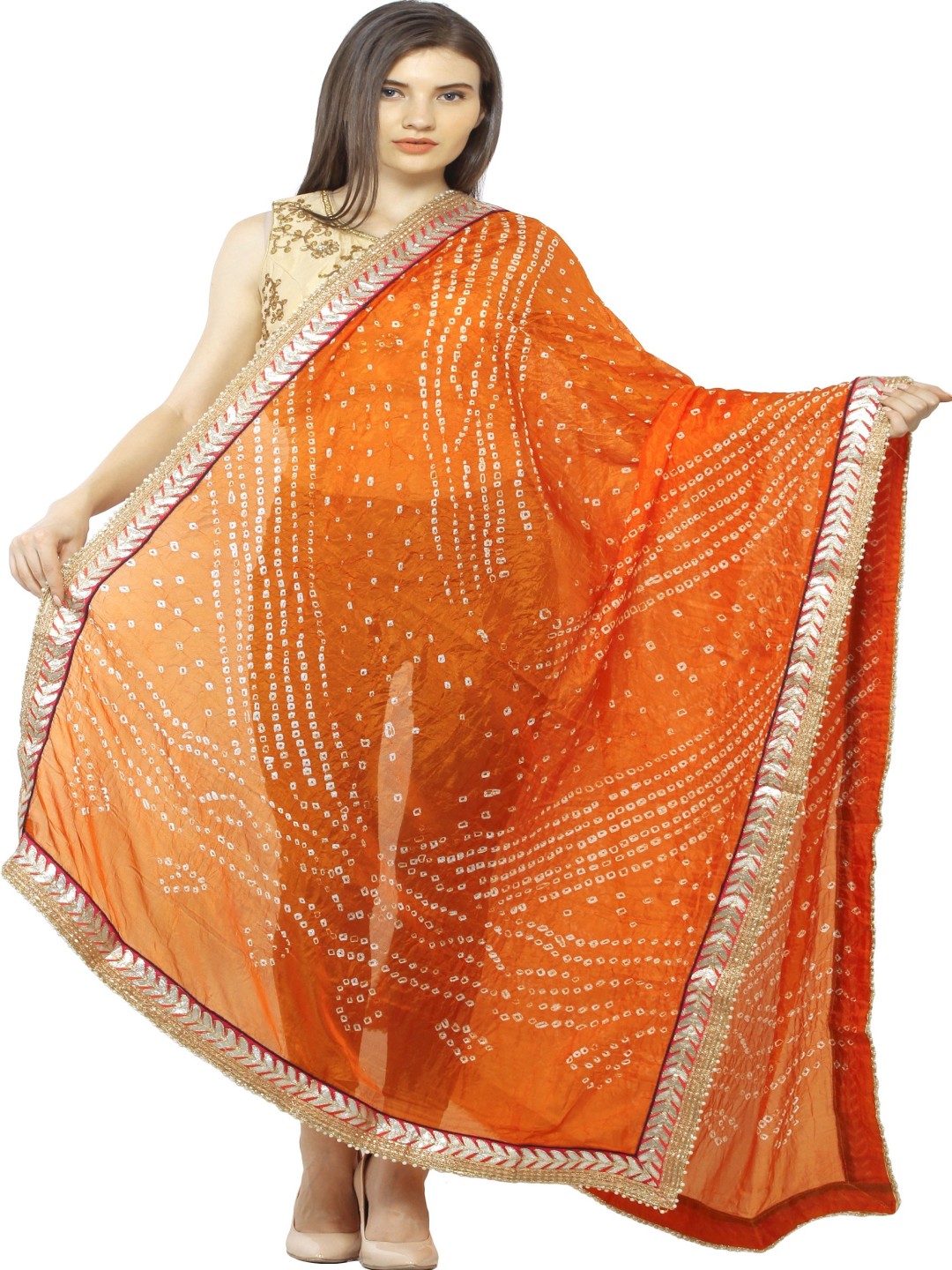 

Exotic India Mandarin Orange Tie-dye Print and Gota Border Silk Jodhpuri Dupatta