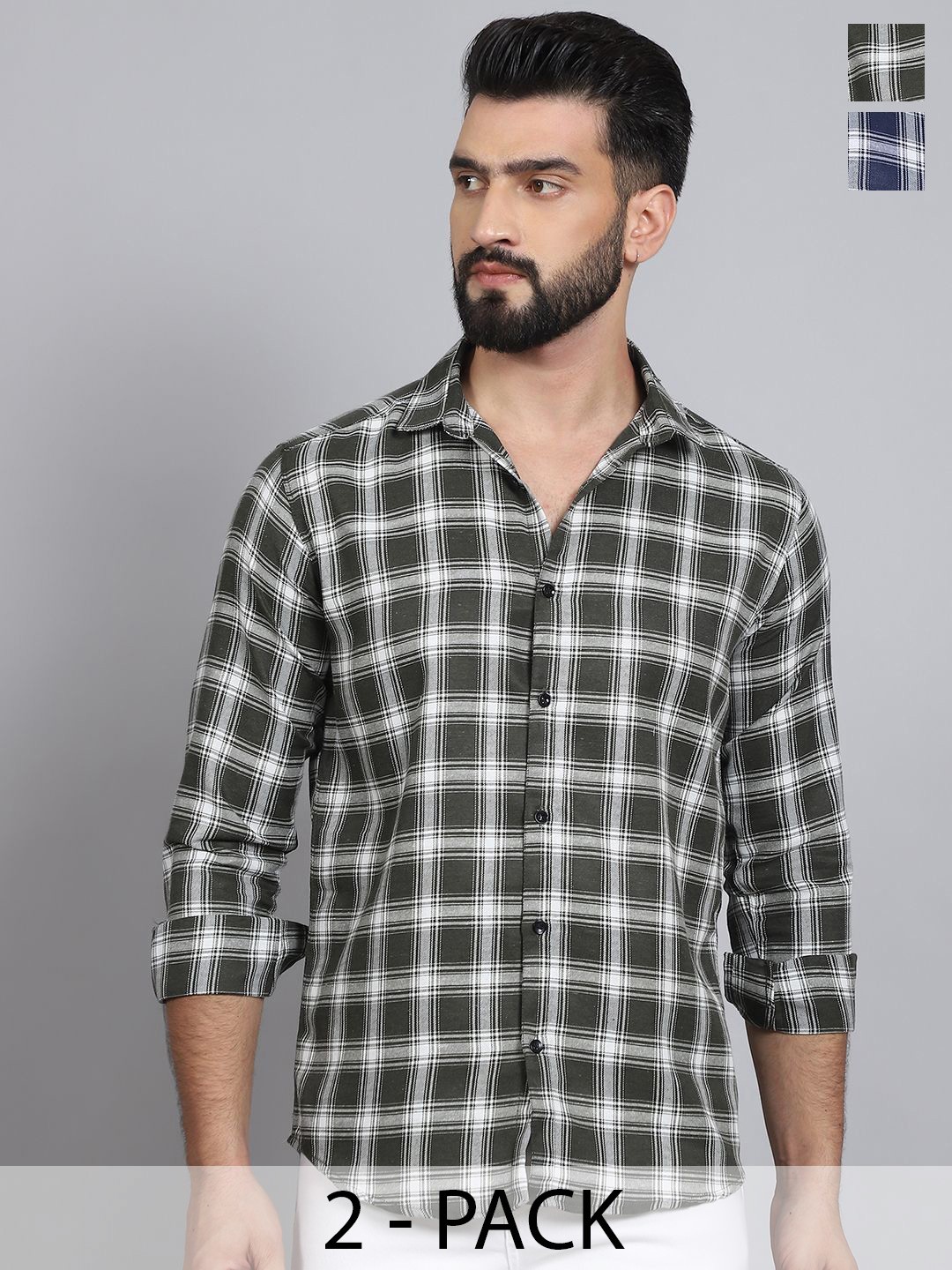 

Tanip Men Pack Of 2 Spread Collar Tartan Checked Cotton Casual Shirts, Navy blue