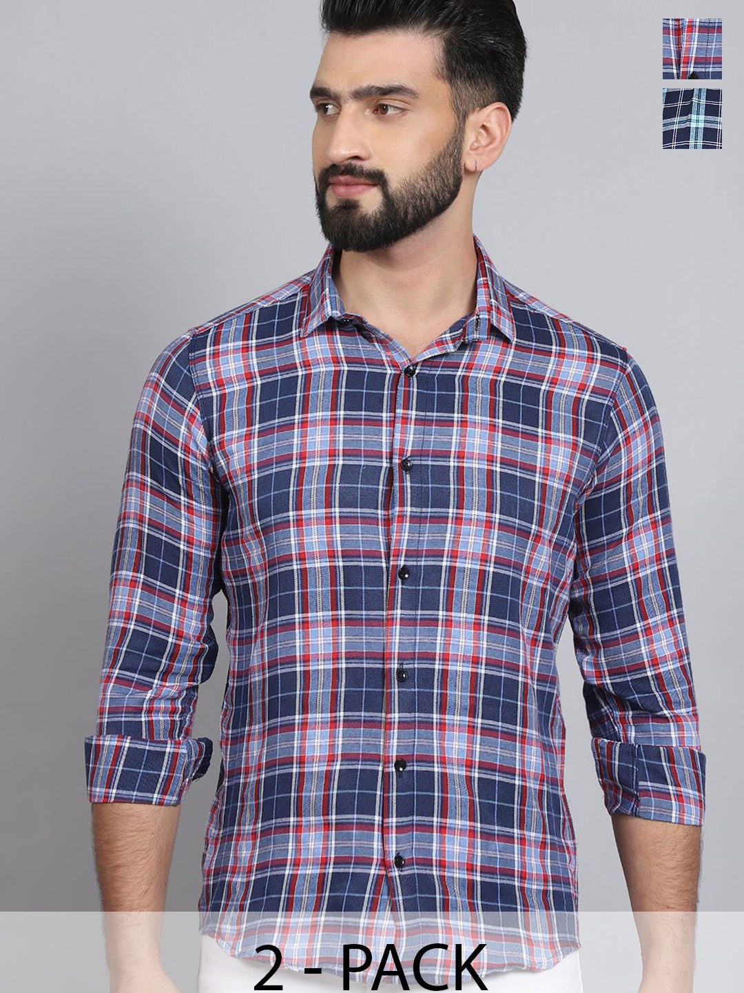 

Tanip Men Pack Of 2 Spread Collar Tartan Checked Cotton Casual Shirts, Navy blue
