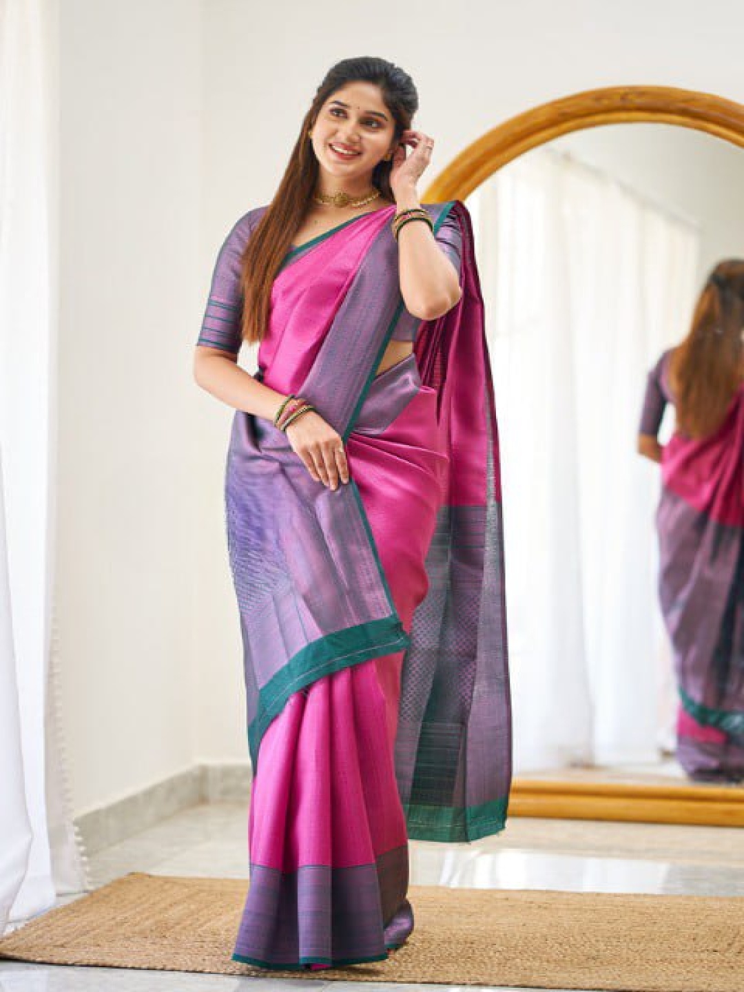 

revika Woven Design Zari Pure Silk Kanjeevaram Saree, Purple