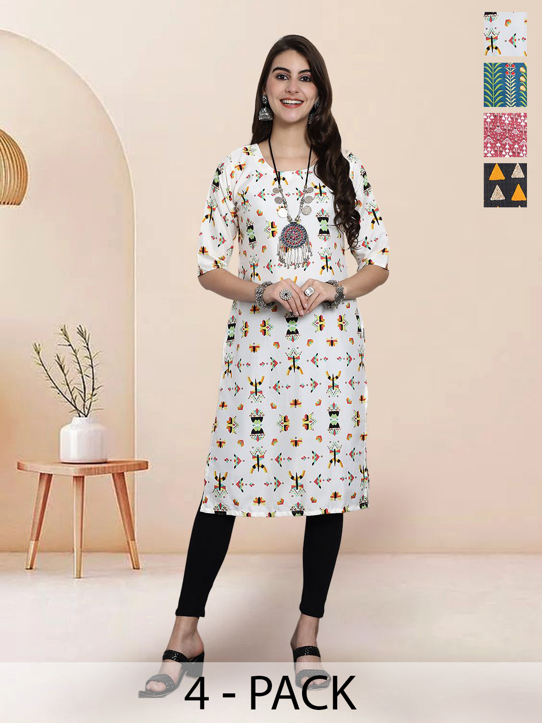 

7Threads Selection Of 4 Geometric Printed Round Neck Straight Kurtas, White