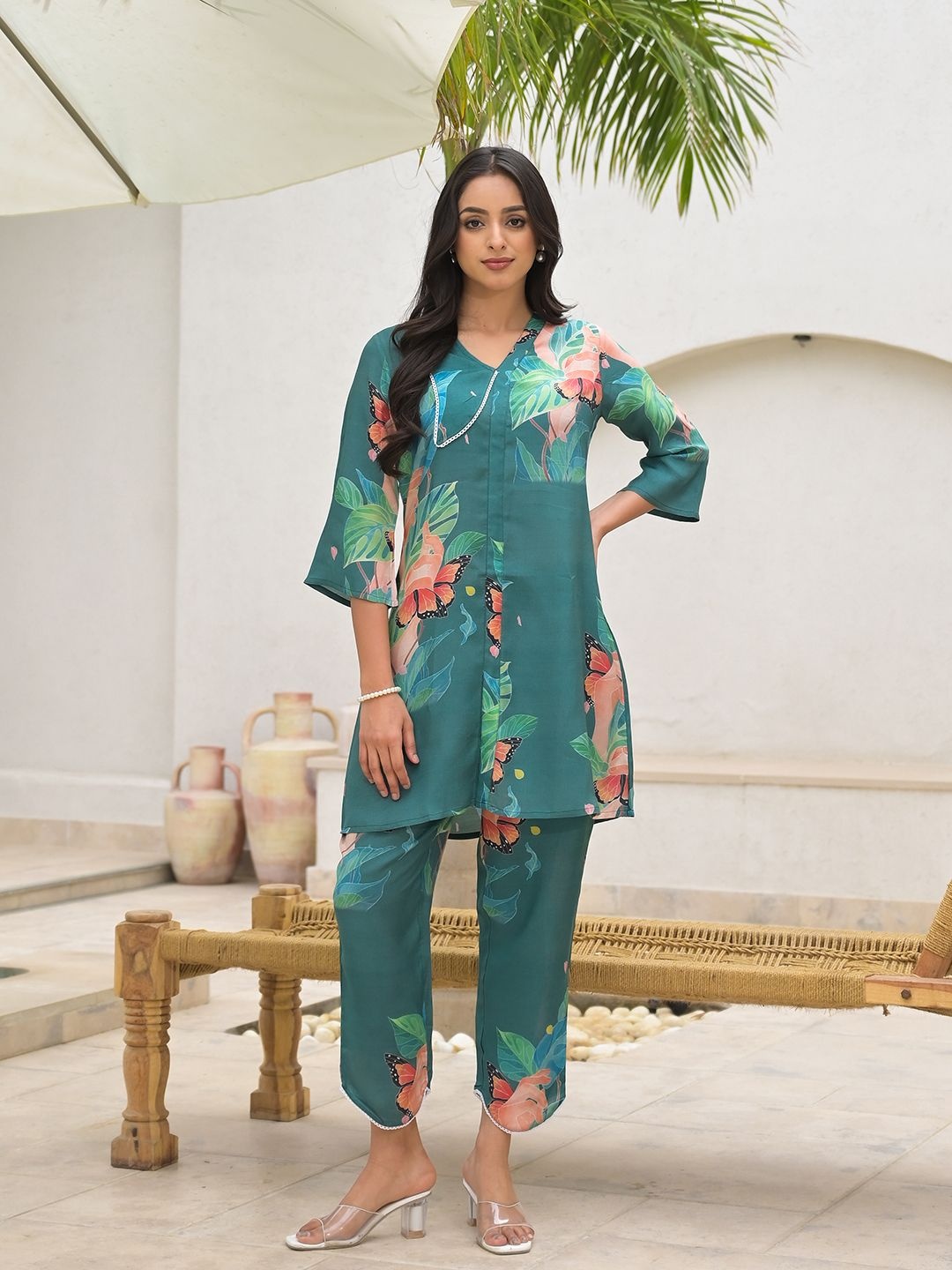 

BAESD Printed V-Neck Tunic With Trousers, Green