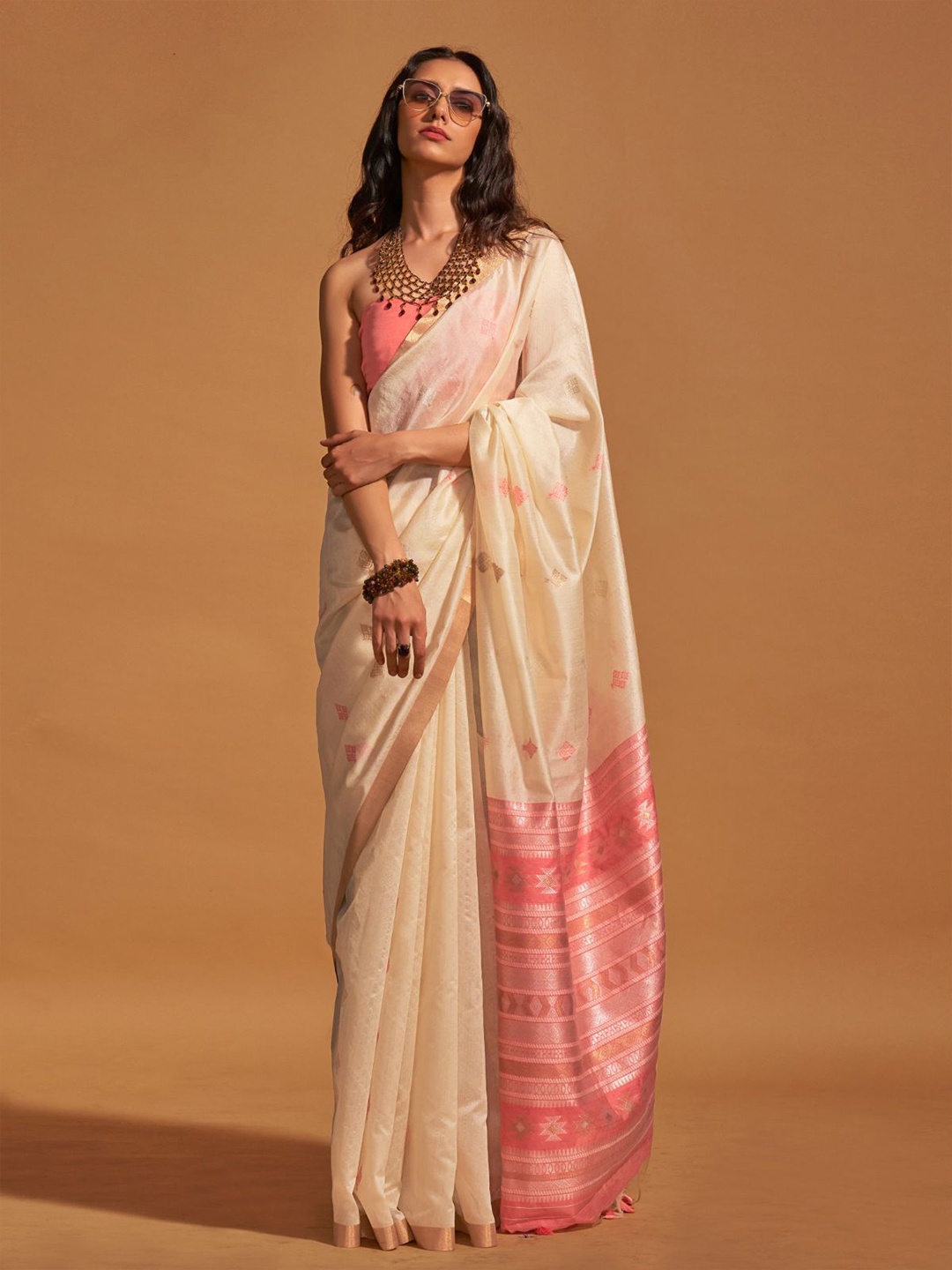 

ODETTE Woven Design Zari Silk Blend Saree, Off white