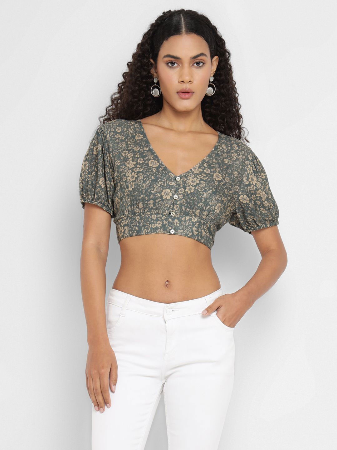 

Porsorte Floral Print Blouson Crop Top, Green