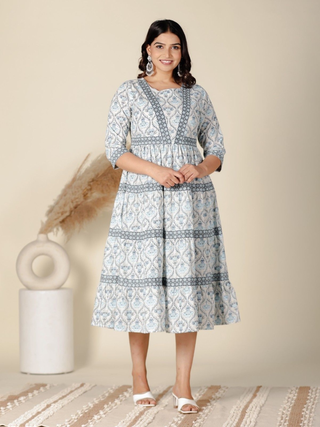 

Aramy Ethnic Motifs Printed Round Neck Pure Cotton Dress, White