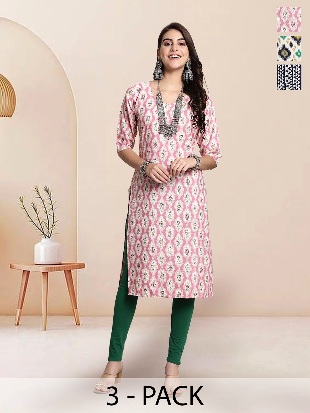 

7Threads Selection Of 3 Floral Printed Round Neck Straight Kurtas, Pink