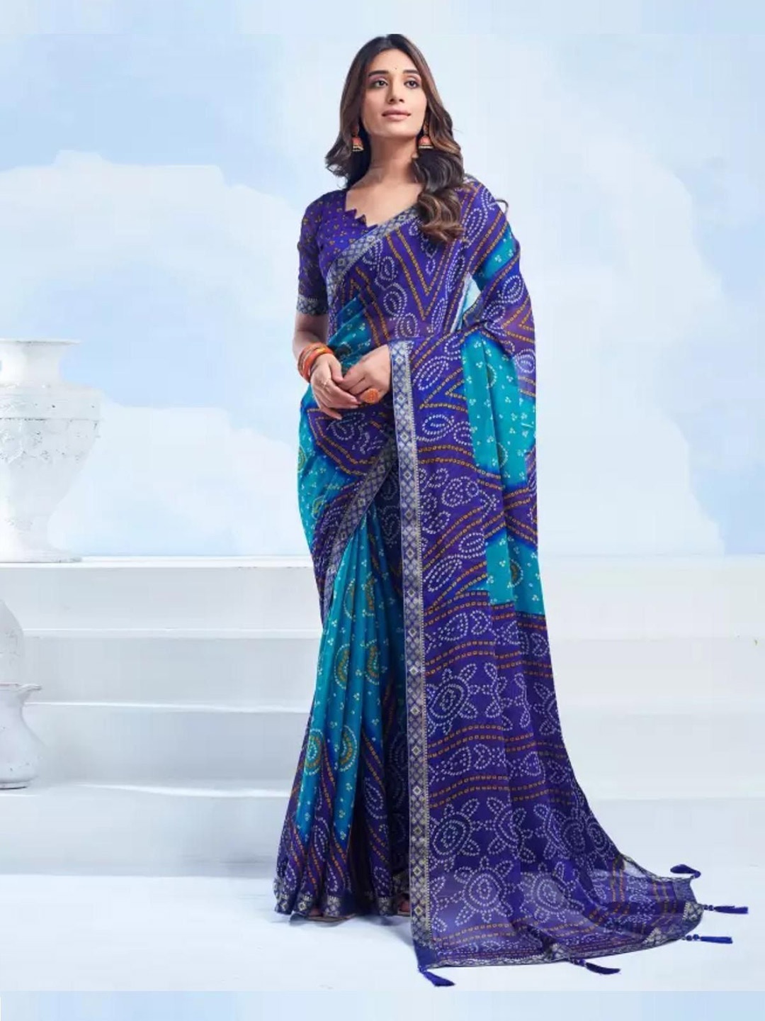 

DURGA EMPORIO Pure Chiffon Bandhani Saree, Blue