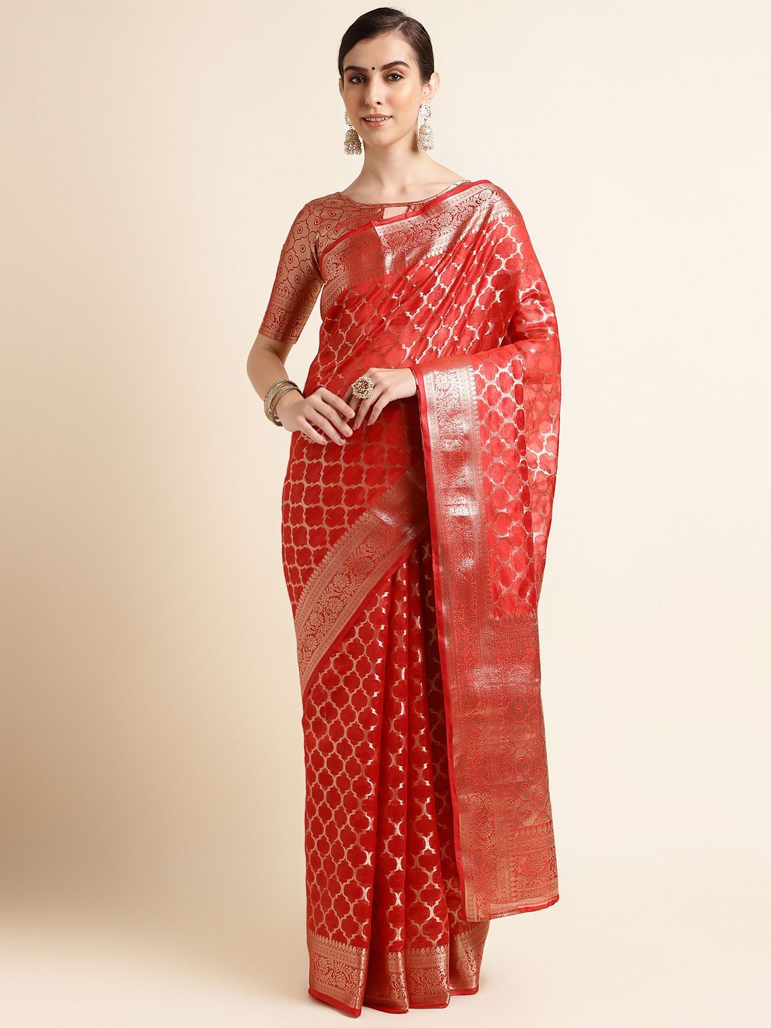 

Melok Woven Design Zari Organza Banarasi Saree, Red