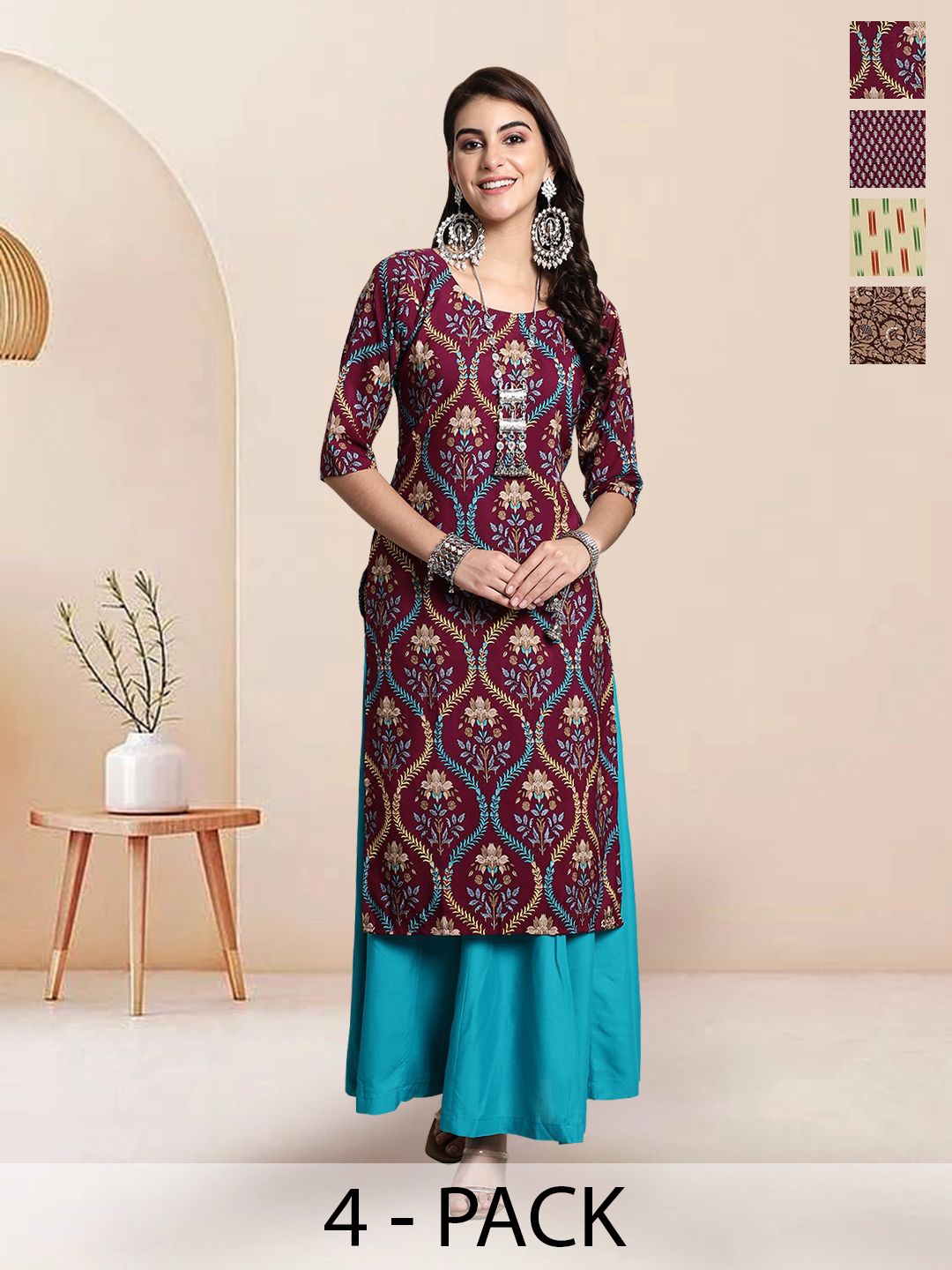 

7Threads Selection Of 4 Floral Printed Round Neck Straight Kurtas, Maroon
