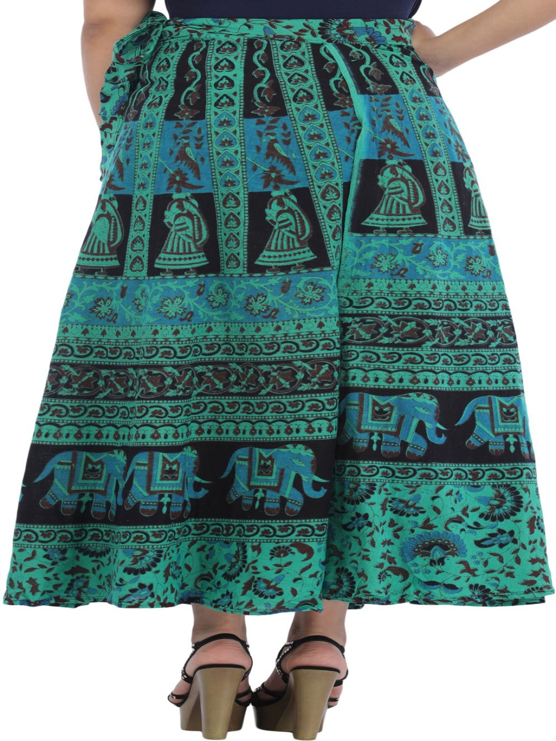 

Exotic India Printed Pure Cotton Wrap Maxi Skirts, Turquoise blue