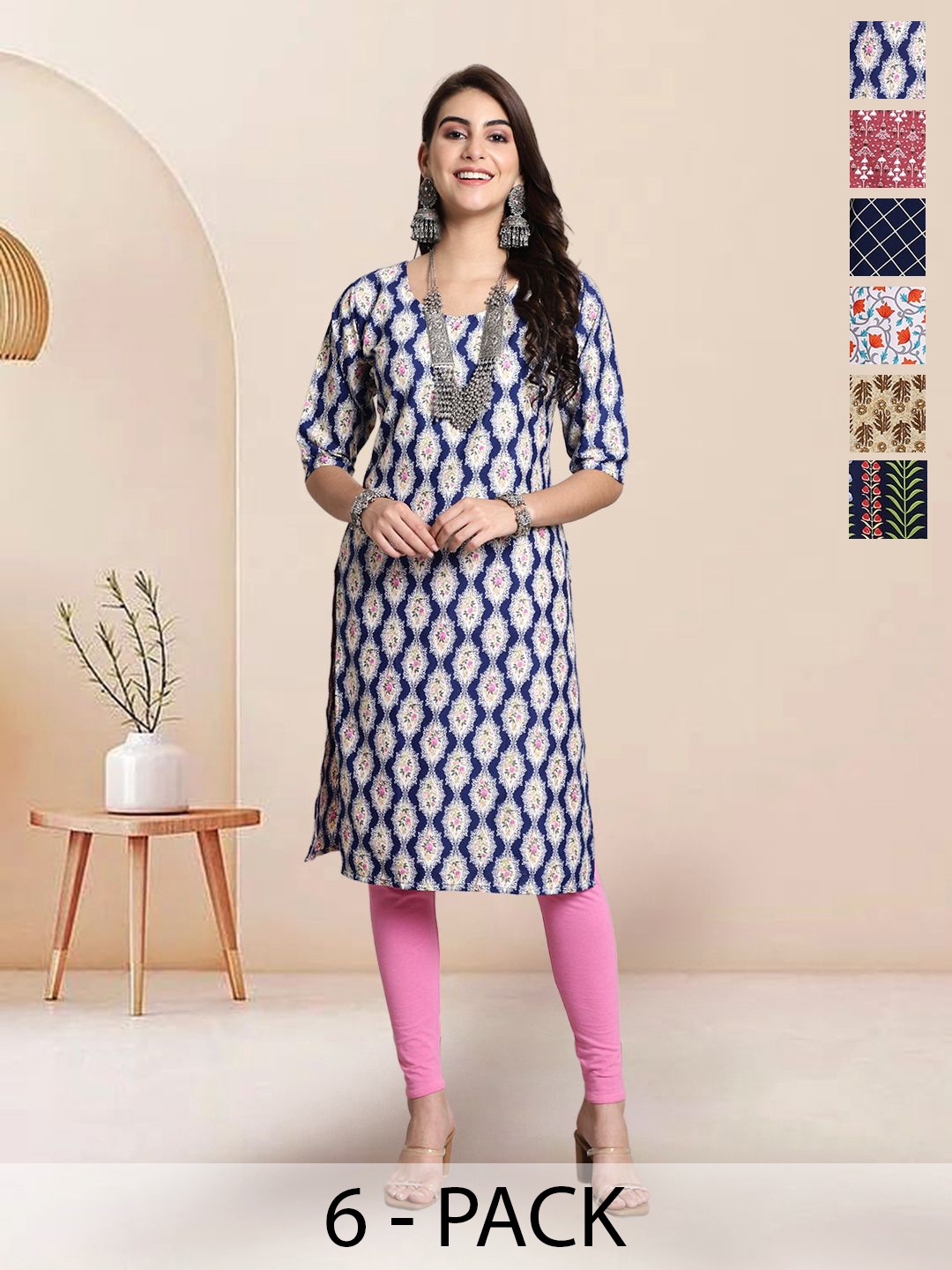 

7Threads Selection Of 6 Floral Printed Round Neck Straight Kurtas, Blue