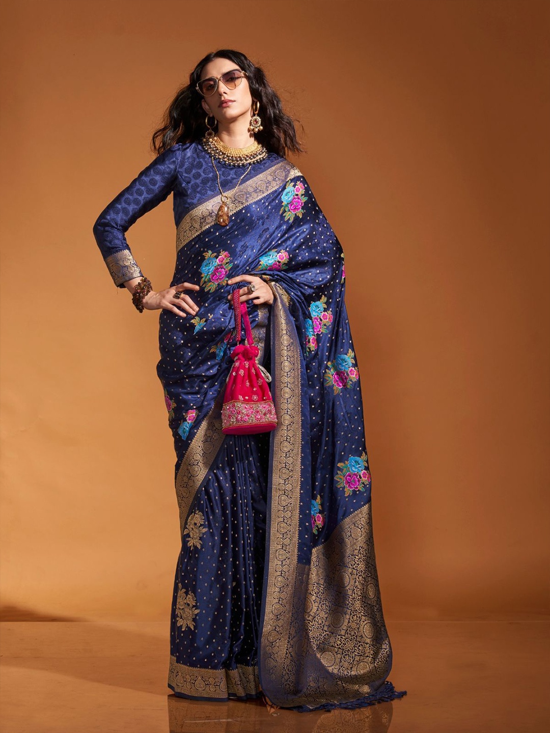 

ODETTE Woven Design Satin Saree, Navy blue