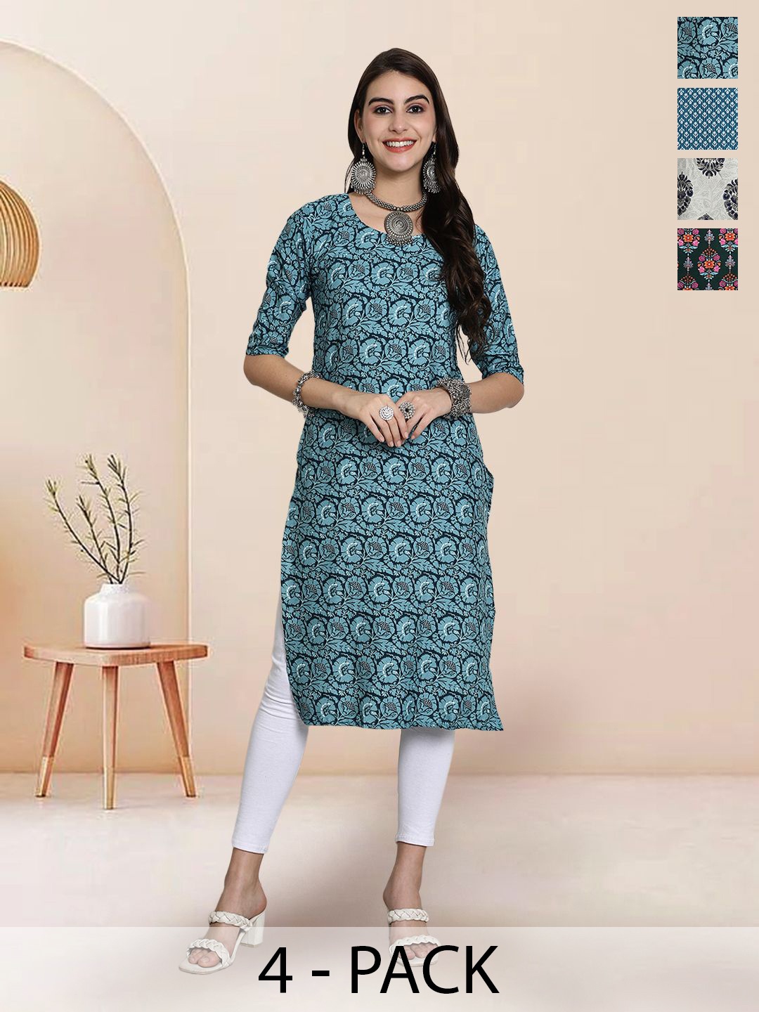 

7Threads Selection Of 4 Ethnic Motifs Printed Straight Kurtas, Teal