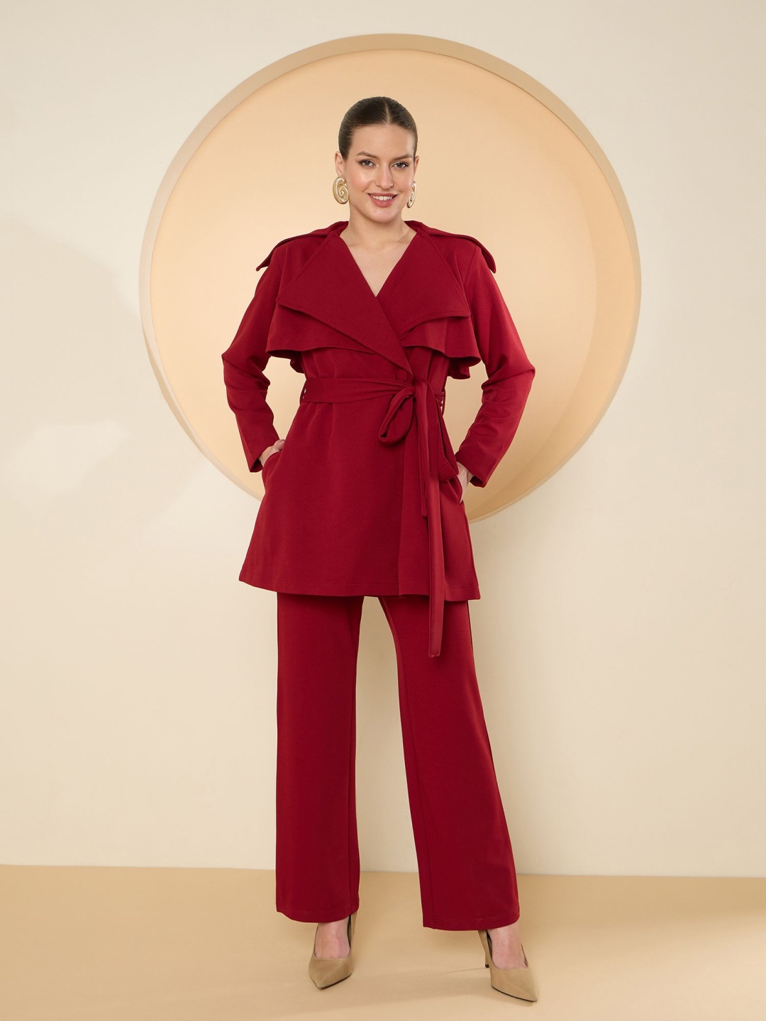 

Antheaa Red Trench collar Coat With Trouser