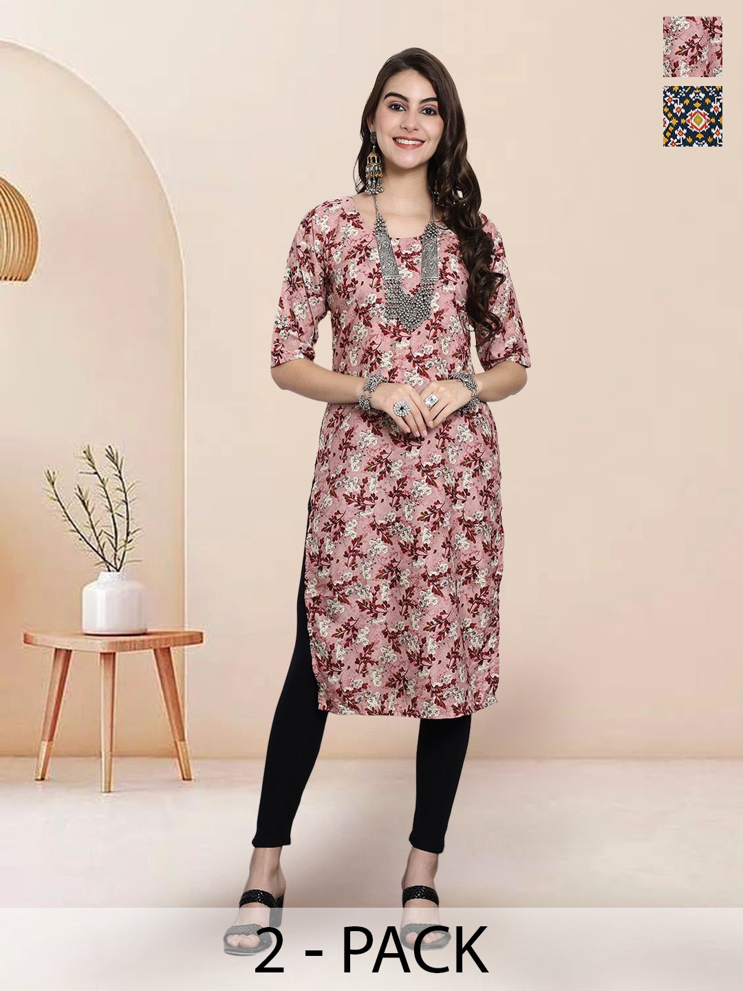 

7Threads Selection Of 2 Floral Printed Straight Kurtas, Pink