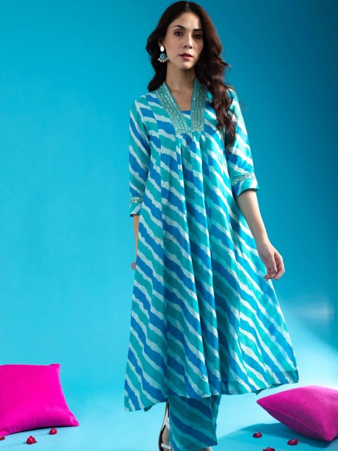 

KALINI Leheriya Printed Regular Pure Cotton A-Line Kurta With Palazzos, Blue