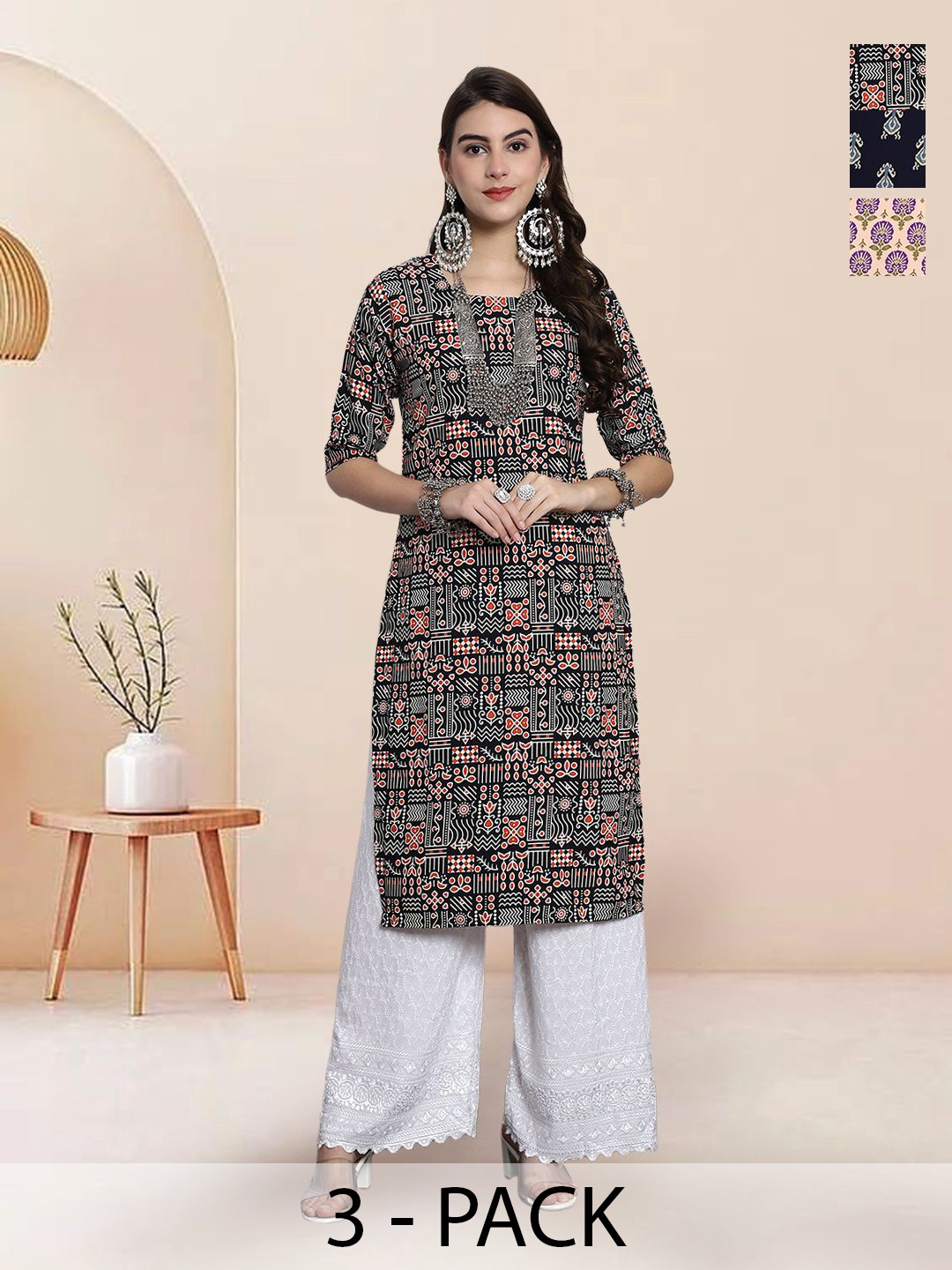 

7Threads Selection Of 3 Ethnic Motifs Printed Round Neck Kurtas, Black
