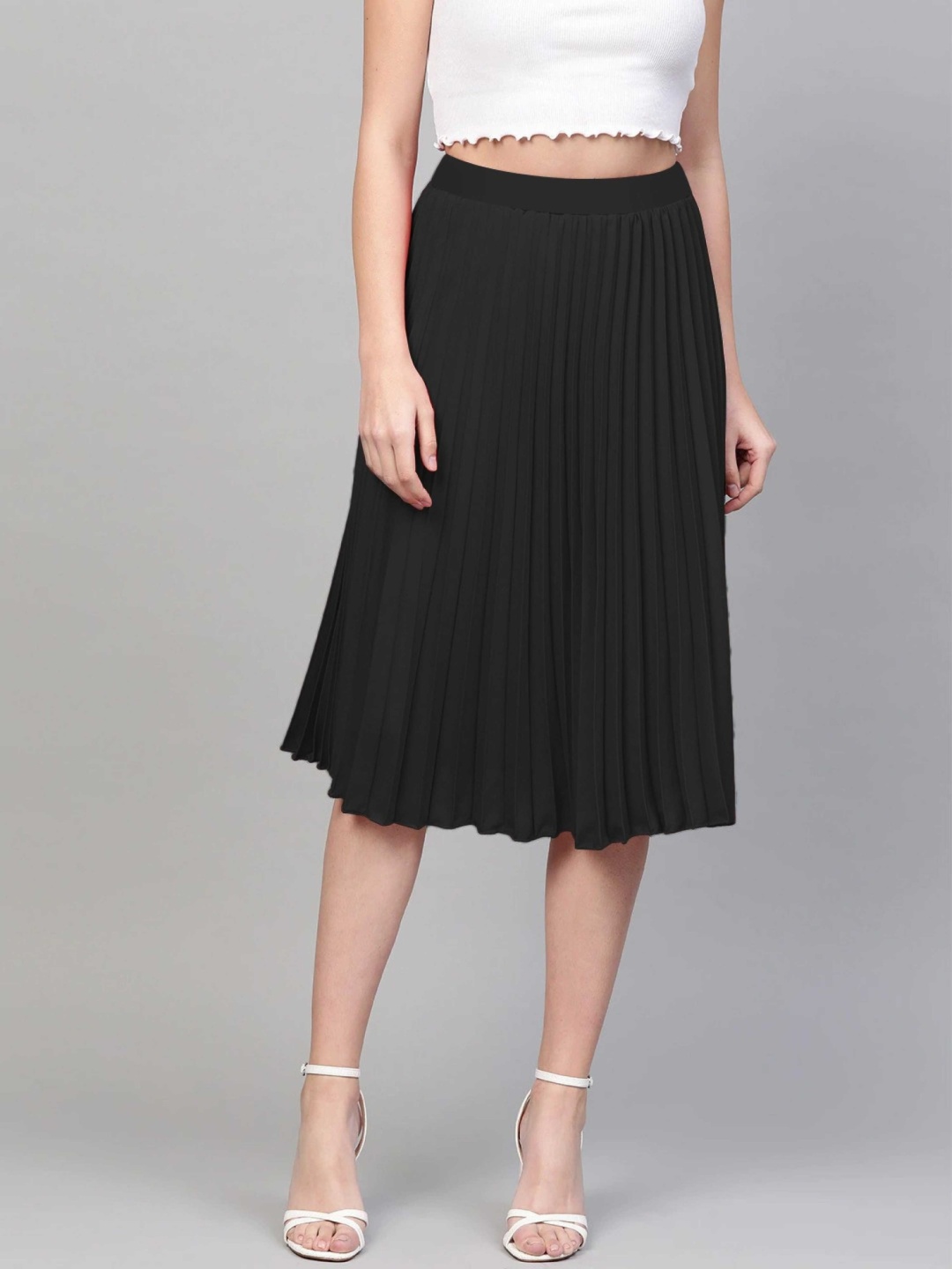 

Femvy Pleated Midi A-Line Skirt, Black