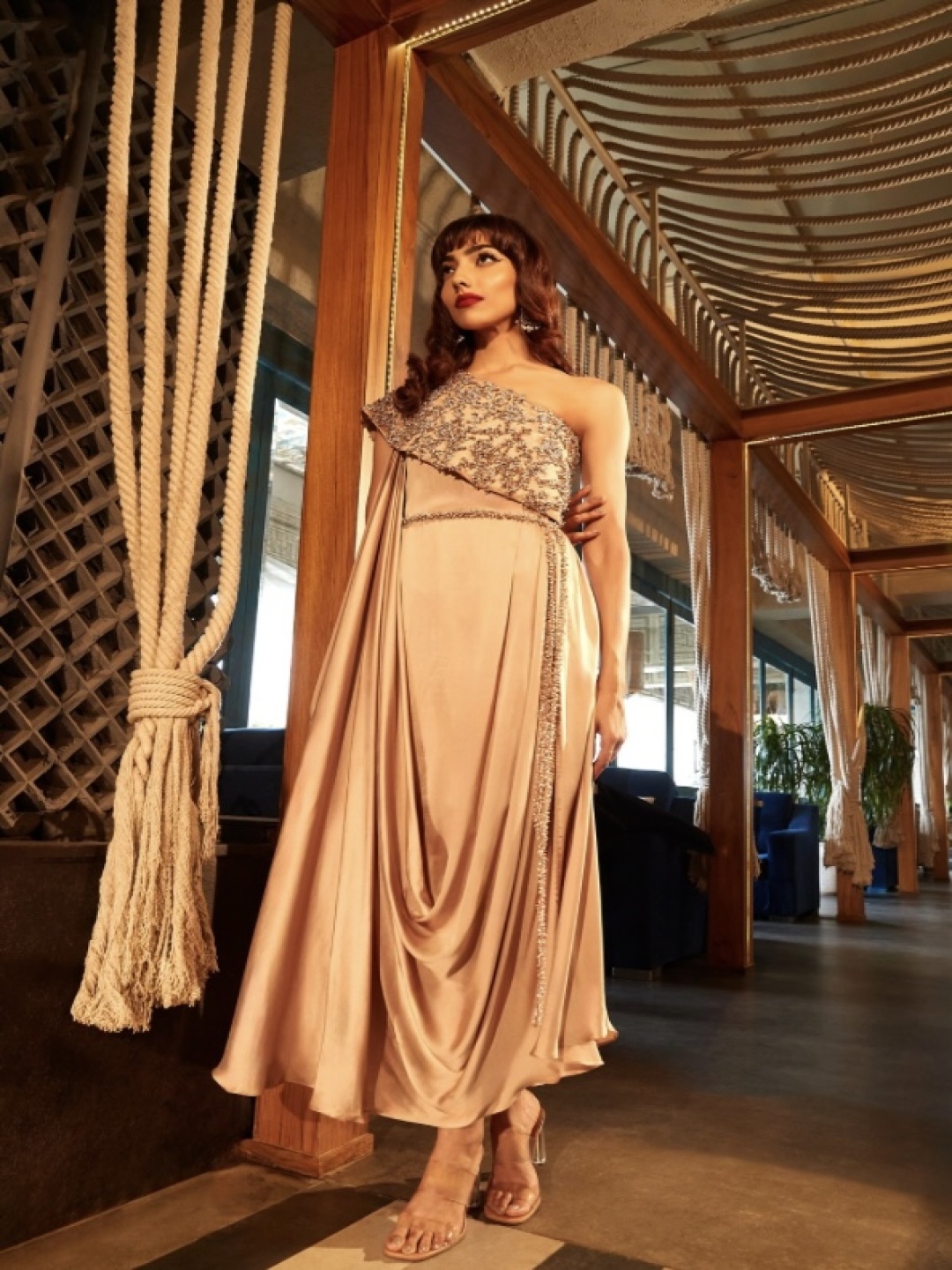 

Babita M Satin One Shoulder Maxi Dress Comes With A Belt, Gold