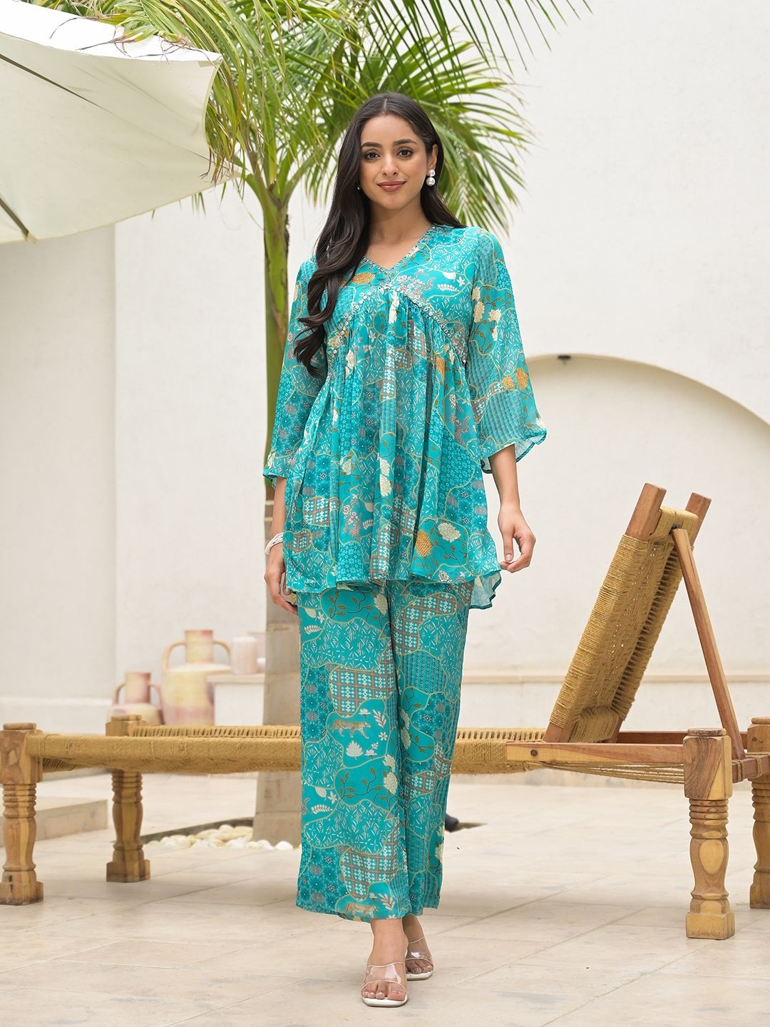 

BAESD Printed V-Neck Tunic With Trousers, Turquoise blue