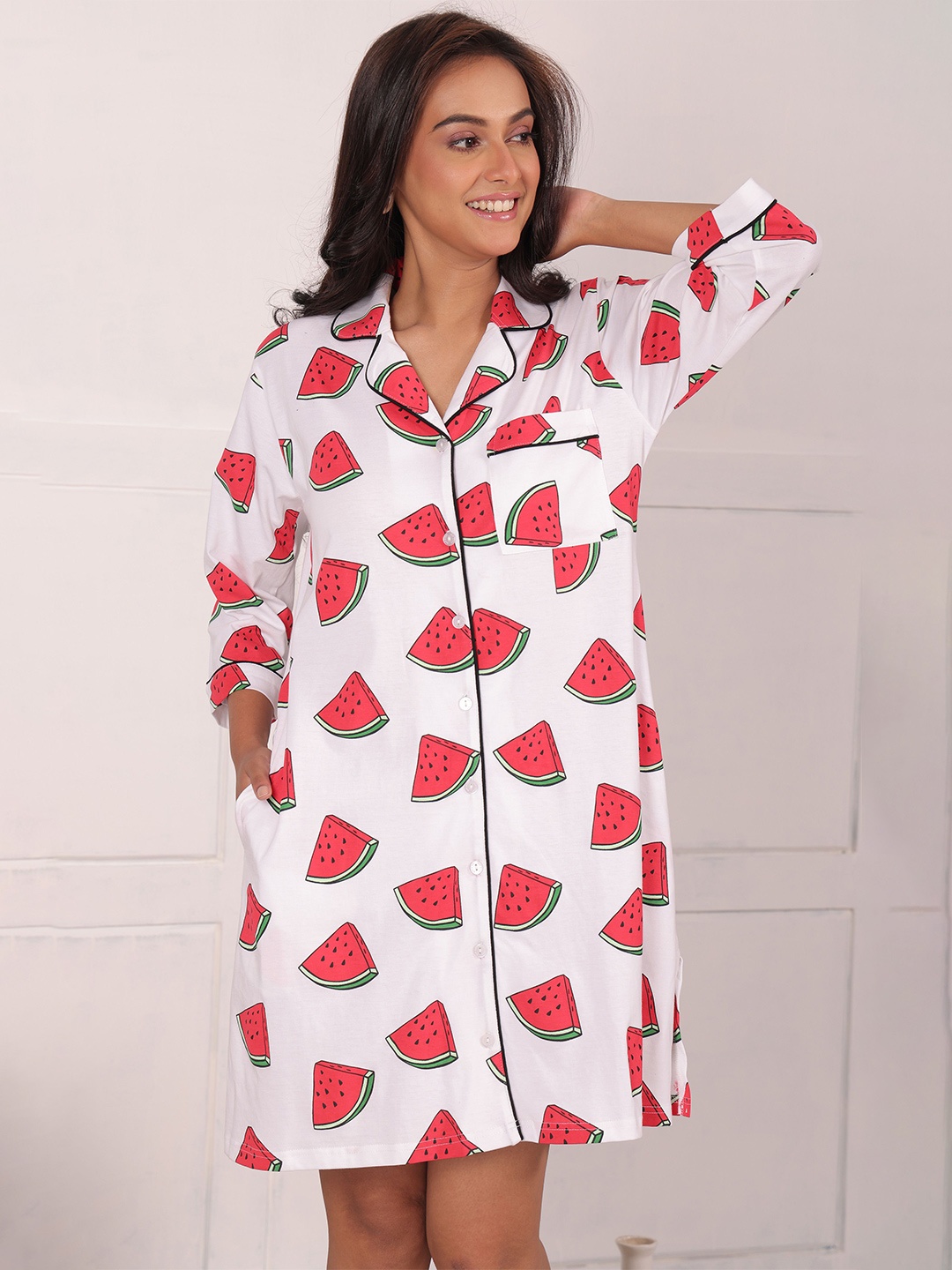 

NAP STORY Watermellon Printed Sleep Shirt night Dresses, White