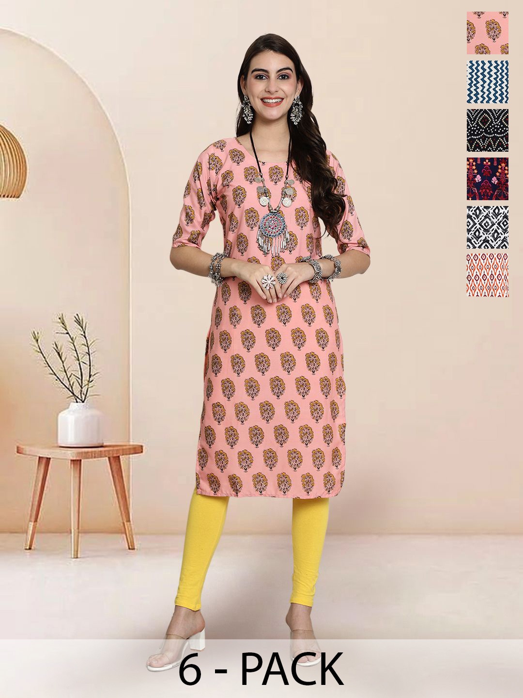 

7Threads Selection of 6 Floral Printed Round Neck Straight Kurtas, Peach