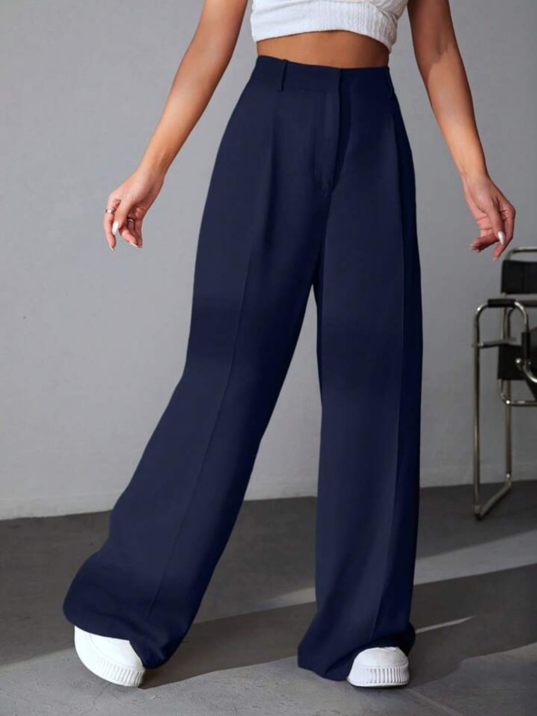 

BROADSTAR Women Smart Baggy Fit High-Rise Stretchable Wide Leg Parallel Trousers, Navy blue