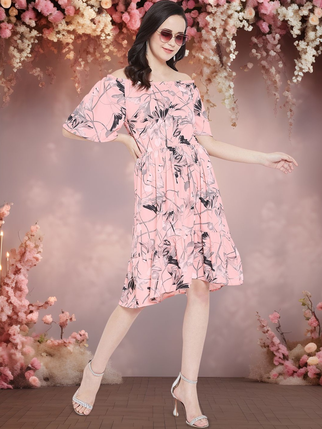 

DressBerry Floral Print Off-Shoulder Georgette A-Line Dress, Pink