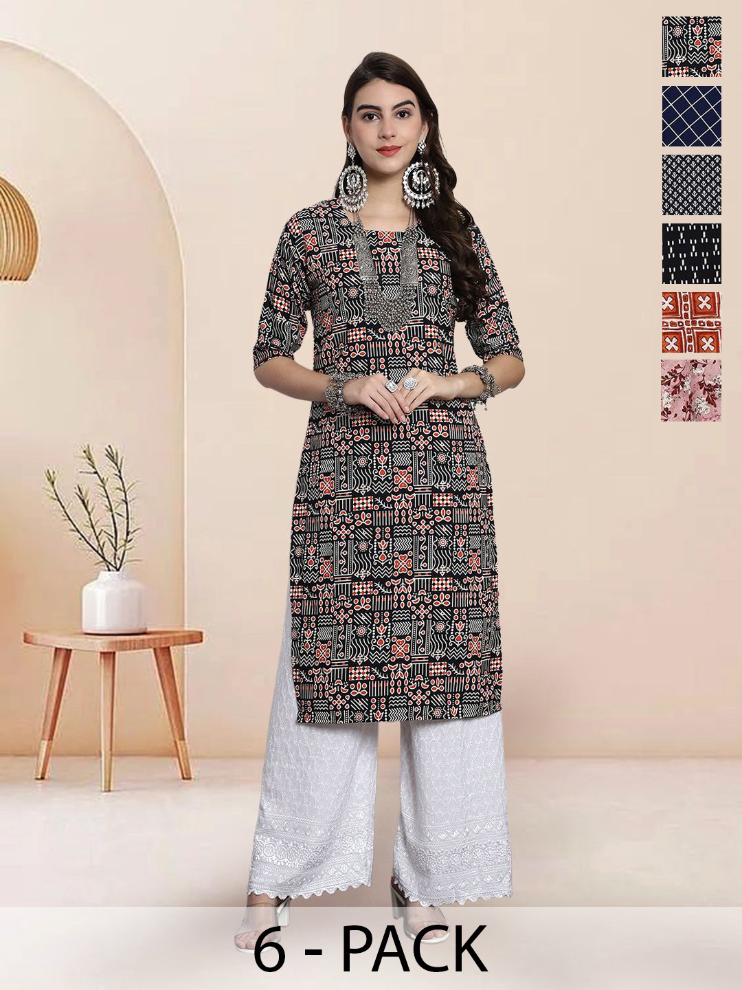 

7Threads Selection Of 6 Ethnic Motifs Printed Round Neck Kurtas, Black