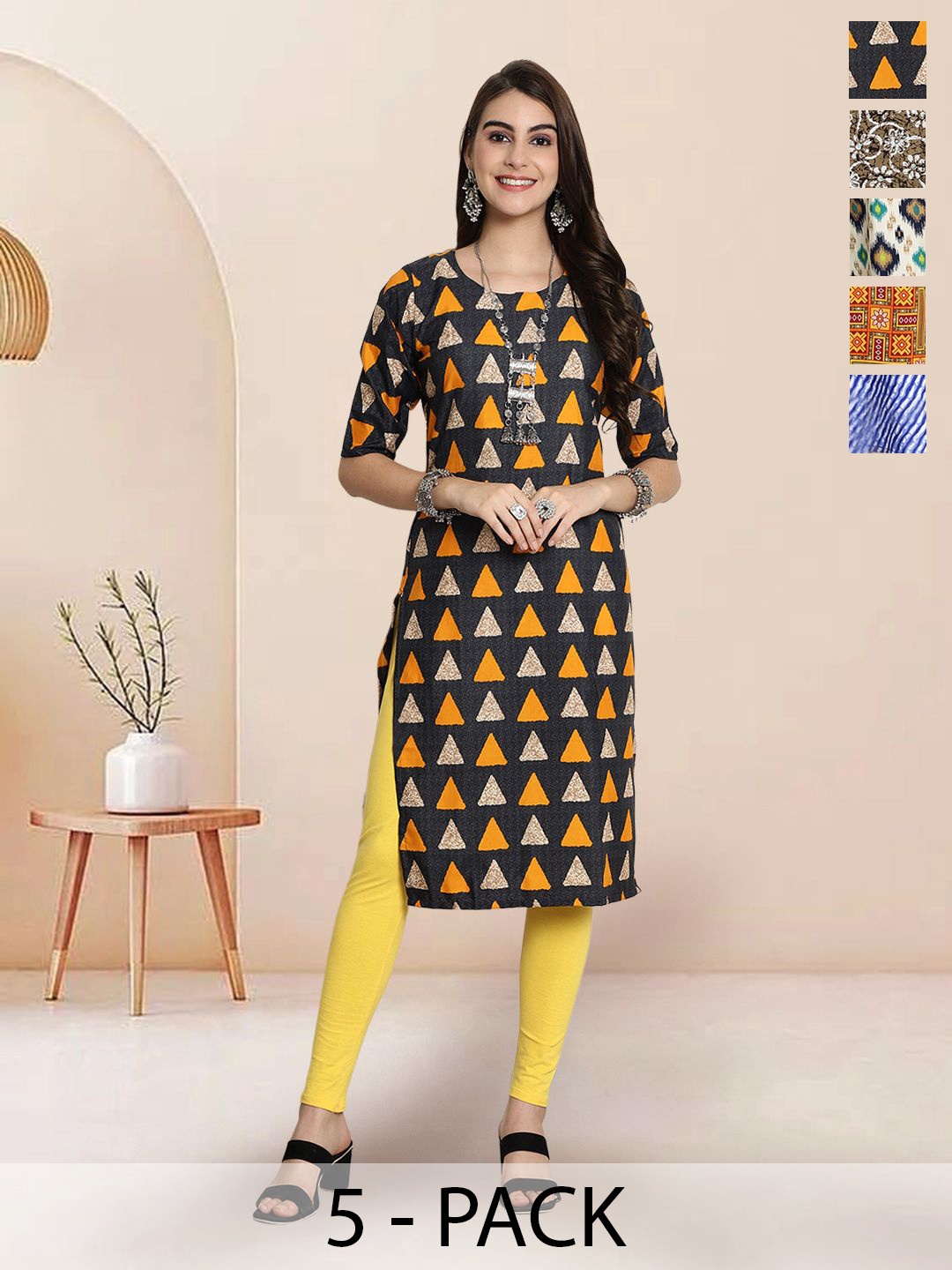 

7Threads Selection Of 6 Geometric Printed Kurtas, Black