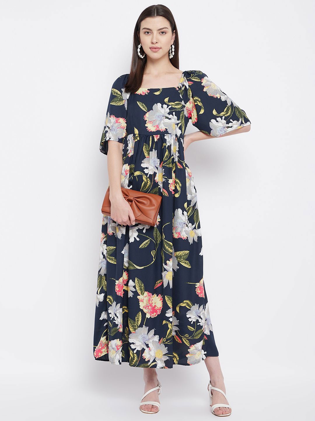 

DressBerry Floral Print Crepe A-Line Maxi Dress, Navy blue