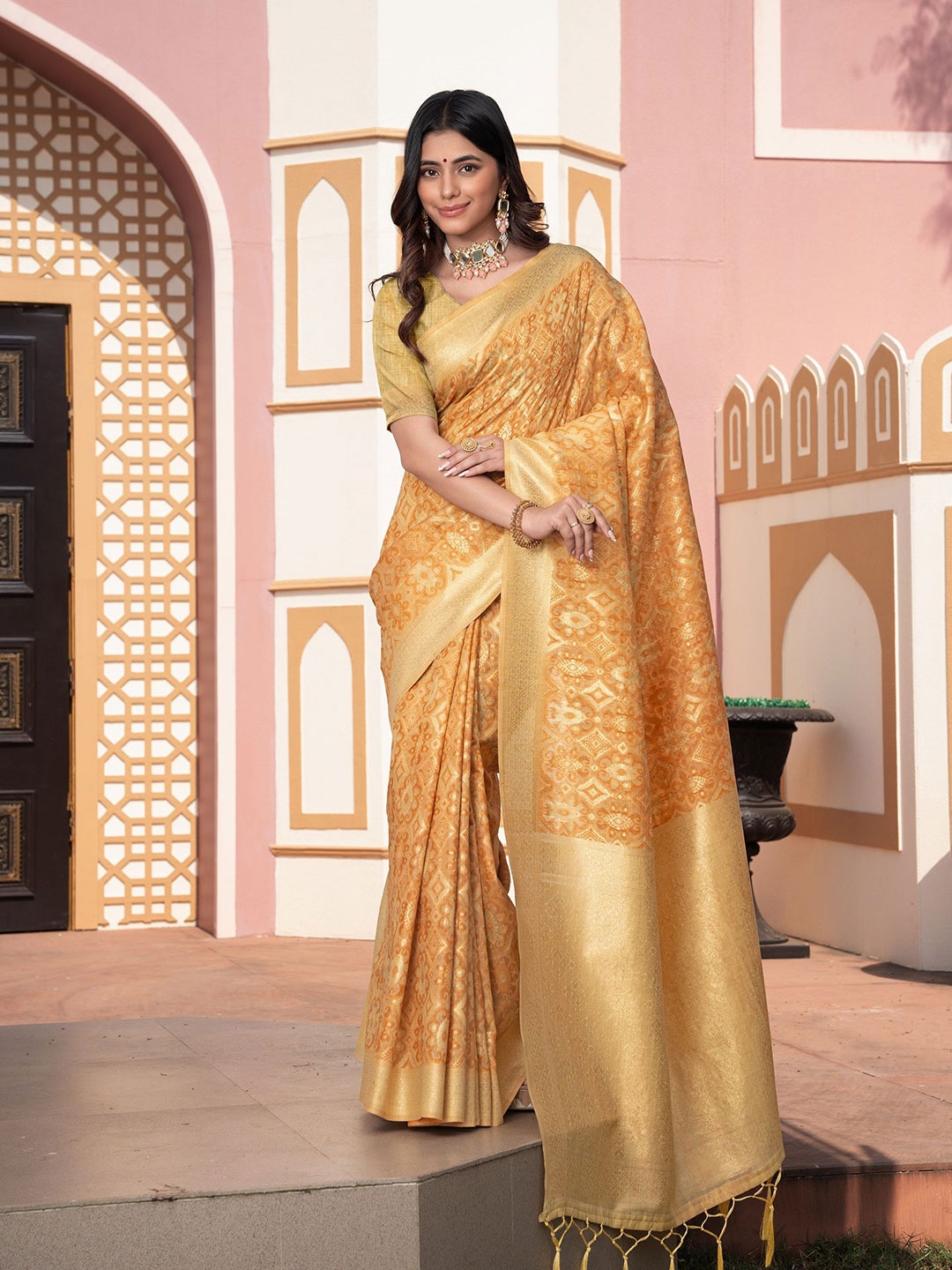 

MAHALASA Woven Design Zari Silk Cotton Handloom Ikat Saree, Yellow