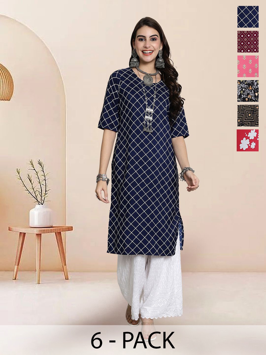 

7Threads Selection Of 6 Checked Printed Round Neck Straight Kurtas, Navy blue